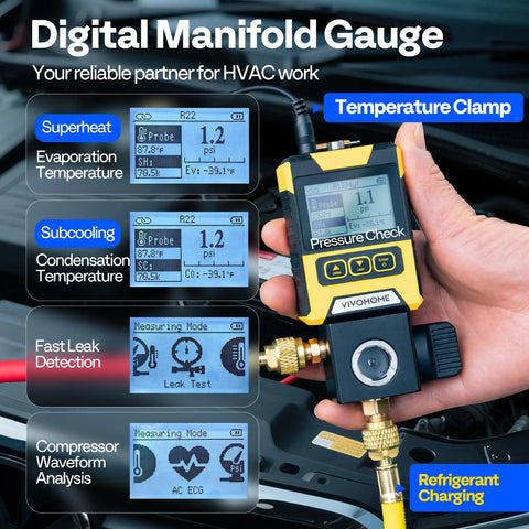 Digital HVAC Manifold Gauge Kit With Wired Temperature Probe Dual Hoses For R134a R410a R32 R1234yf R454B Recharge hand-held