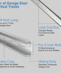 Vertical Garage Door Track Replacement Kit Left And Right Rails For 7 Foot Doors Galvanized Steel Hardware 2 Inch Roller Compatibility Residential And Light Commercial Side Tracks Easy Install And Smooth Operation, showing two galvanized vertical rails with specifications like 76 inches long, cut-outs, and roller compatibility displayed.