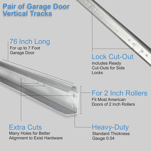 Vertical Garage Door Track Replacement Kit Left And Right Rails For 7 Foot Doors Galvanized Steel Hardware 2 Inch Roller Compatibility Residential And Light Commercial Side Tracks Easy Install And Smooth Operation, showing two galvanized vertical rails with specifications like 76 inches long, cut-outs, and roller compatibility displayed.