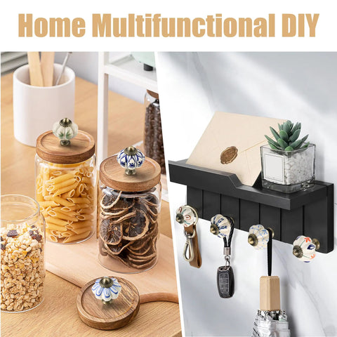 Home setup with Smooth Operation Vintage Ivory And Blue Ceramic Cabinet Knobs Bang For Buck 12 Pack Drawer Pulls on jars and hooks.