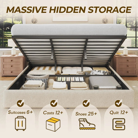 Sick King Size Lift Up Storage Platform Bed With Top Shelf Linen Wingback Headboard showcasing massive hidden storage.