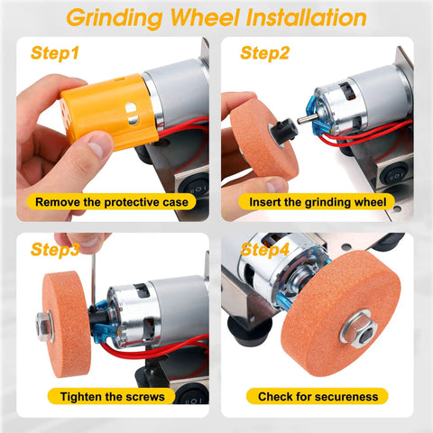 Mini Belt Sander For Knife Making Electric Bench Grinder grinding wheel installation steps illustrating process.