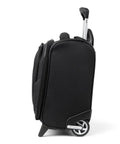 Side view of Maxlite 5 Softside Underseat Rolling Tote Two Wheel Carry On Bag for Cabin Use, black, with extended handle and wheels.