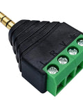 No Sweat Setup 3.5mm TRRS Audio Male To Four Pin Female Screw Terminal Solderless Converter Adapter for headsets, close-up view.
