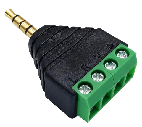 No Sweat Setup 3.5mm TRRS Audio Male To Four Pin Female Screw Terminal Solderless Converter Adapter for headsets, close-up view.