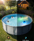 Floating Pool Lights With Connectable LED String Lights, 38 Foot Waterproof Outdoor Lighting Kit illuminating a backyard pool.