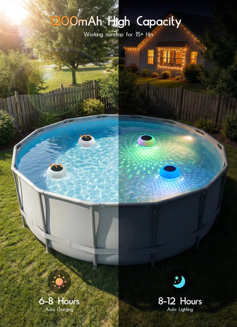 Floating Pool Lights With Connectable LED String Lights, 38 Foot Waterproof Outdoor Lighting Kit illuminating a backyard pool.