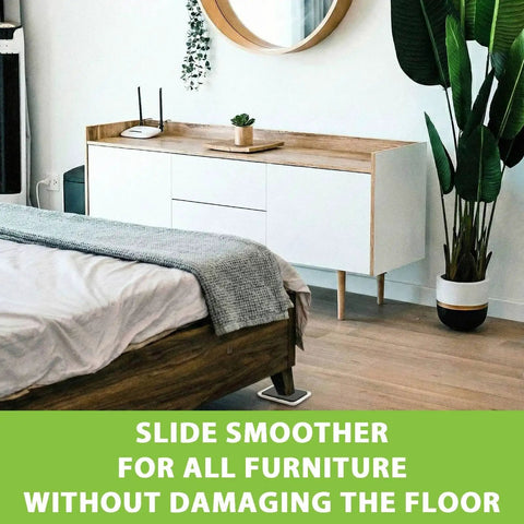 Furniture slider under bed leg, showing 12 Pack Heavy Duty Furniture Sliders for Carpet Hardwood Tile Large 4.7 Inch Movers Pads Protectors.