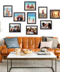 Living room with framed photos above a leather sofa; 8x10 Sublimation Blanks Set, 15 Double Sided Canvas Pads display.