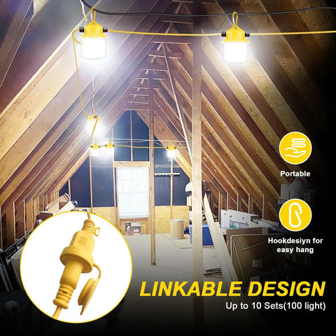 Gig Worthy Construction String Lights 75W 7500LM 5000K Daylight Bright Industrial Grade Outdoor Work Lighting in an attic space