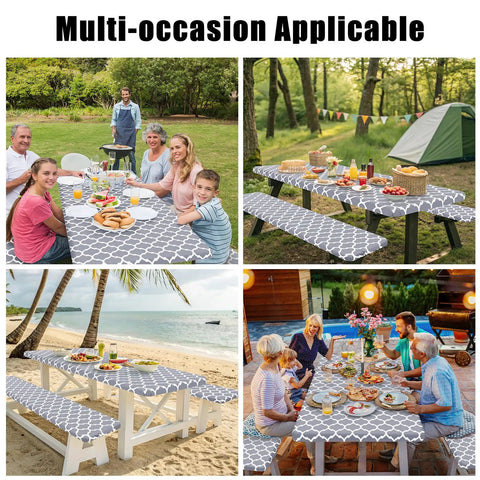 Waterproof Elastic Fitted Picnic Table Cover And Bench Covers Set For 72 Inch Tables And 12 Inch Benches, Washable Polyester