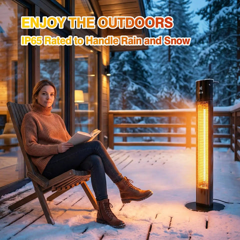 Woman sitting on a wooden deck beside Grab And Go 1500W Infrared Patio Heater For Outdoor And Indoor Use, with snow outside.
