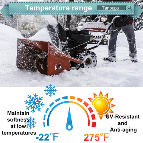 Snowblower clearing snow, temperature range from -22°F to 275°F displayed, showcasing weather resistance