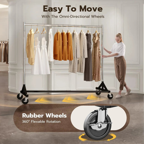 Side view of a Heavy Duty Rolling Garment Rack With 500LBS Capacity Adjustable Chrome Clothes Rack On Wheels in use