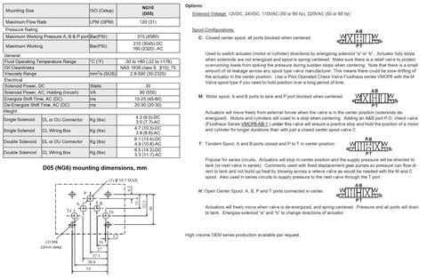 Technical specifications sheet for Built Tough Hydraulic Directional Control Valve D05 NG10 31 GPM 4560 Psi AC Or DC M Motor Center