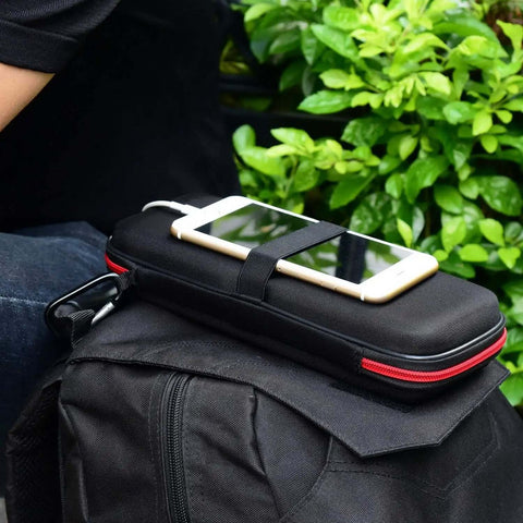 Tough As Nails Hardshell Travel Case For Power Banks And Radios Shockproof EVA Carrying Pouch on backpack with phone.