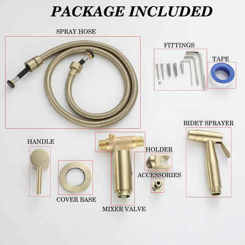 Package contents of Brushed Gold Handheld Bidet Sprayer For Toilet With Warm Water Stainless Steel Shower Set Featuring Brass Hot And Cold Mixing Valve Easy Trigger Control Jet And Soft Spray Modes Durable SUS 304 Stainless Steel Build. Includes spray hose, fittings, handle, mixer valve, and accessories.