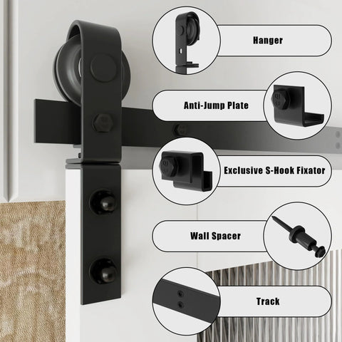 Close-up of Bi-Folding Sliding Barn Door Hardware Kit For Two Doors 40 Inch Rail Low Ceiling Lite Version components.
