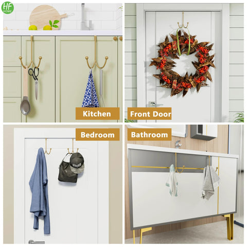 Matte Gold Over The Door Double Hanger Hooks Twin Metal Organizer for Coats Hats Robes Towels, 2-Pack in Kitchen, Front Door, Bedroom, Bathroom