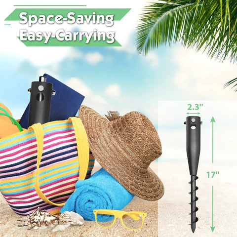 Heavy Duty Steel Beach Umbrella Sand Anchor No Dig Ground Stake with accessories on sandy beach background.