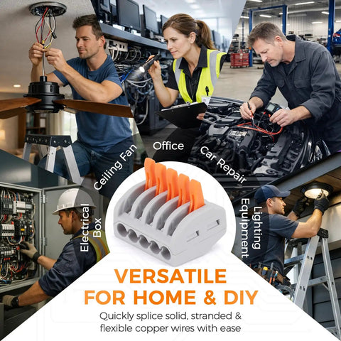 50 Pack Lever Wire Connectors For 28 To 12 AWG With Test Hole 3rd Gen Compact Push In Terminals Reusable Quick Connect Splice Connectors For Home Wiring And No Fuss DIY Projects Pro Grade Safety Vibration Resistant, shown for home and DIY use
