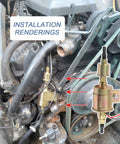 Installation renderings of Universal Electric Fuel Pump for Gas, Diesel, Marine and Carbureted Engines on engine block