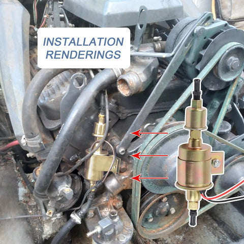 Installation renderings of Universal Electric Fuel Pump for Gas, Diesel, Marine and Carbureted Engines on engine block