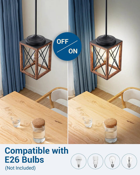 Farmhouse Pendant Light Set, Metal Hanging Fixture With Wooden Grain Finish over table in dining hall, 48 Inch Adjustable Pipe