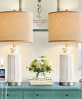 White Ceramic Table Lamps Set Of 2 With USB Charging Ports For A Cozy Modern Nightstand Vibe 28 Inch Tall Linen Drum Shade 3 Way Dimmable Touch Includes 2 LED Bulbs For Living Room And Bedroom