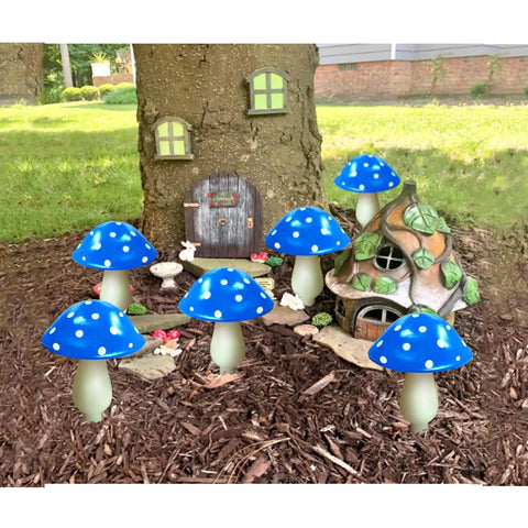 Six Pack Blue Solar Garden Mushroom Stake Lights With Eight Lighting Modes For Outdoor Yard Decor among plants and decor
