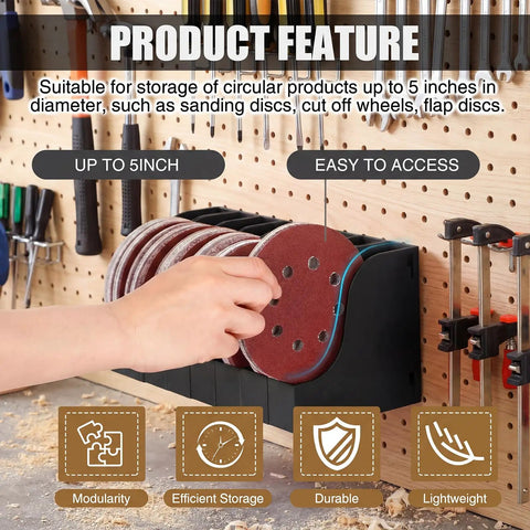 Hand placing sanding disc into 8 Pack Sandpaper Storage Organizer Boxes For 5 Inch Sanding Discs, Tool Storage Set Black on wall