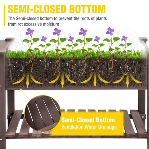 Cross-section of Big Ol Raised Garden Bed On Wheels With Grow Grid And Storage Shelf showing semi-closed bottom for drainage.