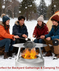 Group sitting around Heat Deflector For 19.5 Inch Bonfire Fire Pits With 304 Stainless Steel Diffuser, camping setup in snow