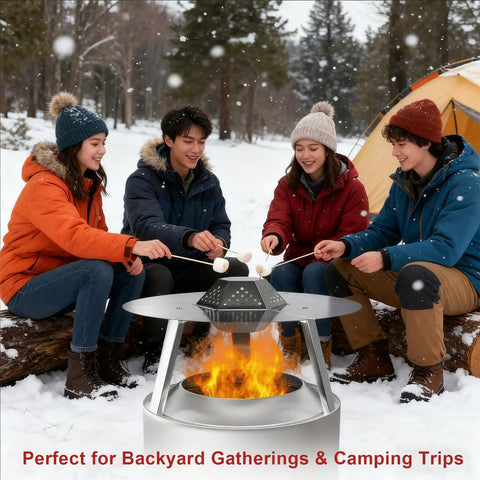 Group sitting around Heat Deflector For 19.5 Inch Bonfire Fire Pits With 304 Stainless Steel Diffuser, camping setup in snow