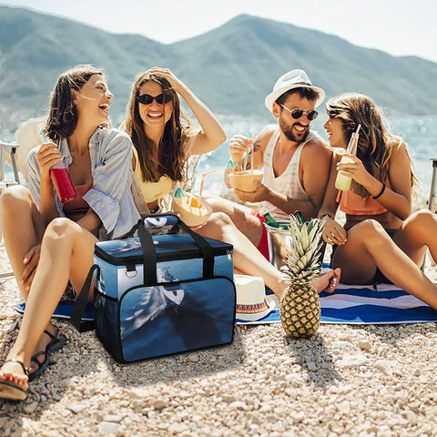 Four friends enjoying a day at the beach with a Large Capacity Insulated Cooler Bag With Leak Proof Lining For Grab And Go Outdoor Eats