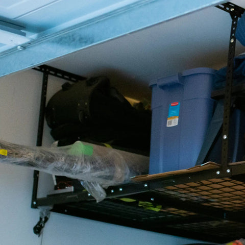 Overhead Garage Storage Rack Ceiling Mounted For Quick Space Saving Organization Of Tools Totes And Gear Durable Steel