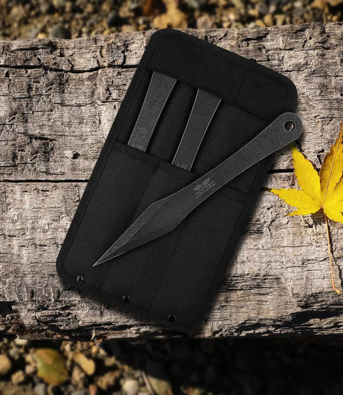 Six Pack 9.4 Inch No Spin Throwing Spikes Set in Durable 420HC Stainless Steel with Nylon Belt Sheath shown on outdoor wood surface