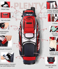 Fourteen Way Golf Cart Bag With T Lock Top And Full Length Dividers USA Flag Mens Premium Cart Golf Bag With Cooler And Rain Cover Quiet Durable And Easy Access Pockets For Fast Club Grab showing pockets and features with labels.