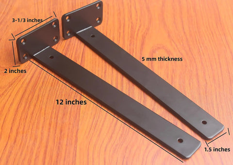 Heavy Duty 12 Pack Hidden L Shelf Brackets 12 Inch Matte Black Iron Floating Wall Mount Hardware For Rustic Industrial Shelving Built Different To Support 100 Lbs Per Pair, showing 12 inch brackets on wooden surface.