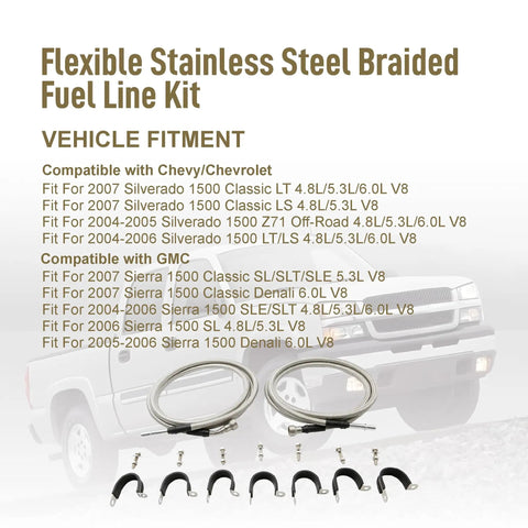 Professional Heavy Duty Flexible Stainless Steel Braided Fuel Line Fits Gmc Sierra 1500 Classic And Chevy Silverado 2004 To 2007 Knuckle Buster Replacement Hose with vehicle fitment details.