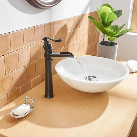 Waterfall Vessel Sink Faucet With Single Hole Install, Oil Rubbed Bronze Rustic Farmhouse Lavatory Tall Basin Vanity, Solid Brass Construction, Durable Ceramic Cartridge, Classic Country Bath Decor