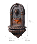 Lion Head Stone Wall Mounted Outdoor Water Fountain With LED Light 32 Inch Antique Bronze Durable Lightweight Resin