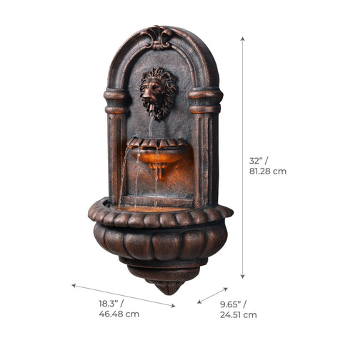 Lion Head Stone Wall Mounted Outdoor Water Fountain With LED Light 32 Inch Antique Bronze Durable Lightweight Resin