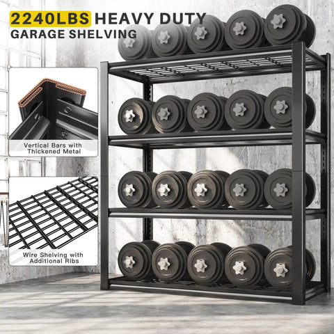 40 Inch Wide Heavy Duty Garage Shelving Unit With Wire Mesh Panels 560 Lb Per Shelf 2240 Lb Total Capacity Sturdy Steel Frame For Home Workshop And Small Biz Storage, black steel frame
