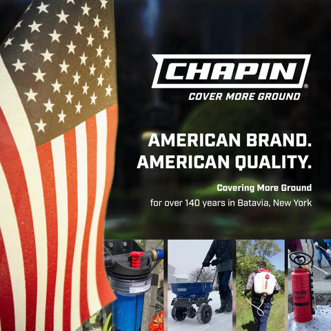 American flag and Chapin products, with text emphasizing Chapin's history and quality as an American brand in Batavia, New York.