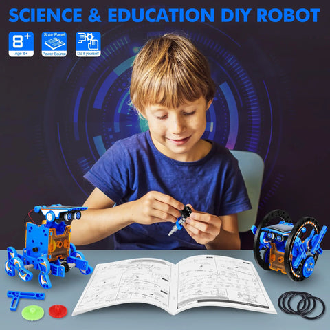 Child assembling Solar Powered 13 In 1 Robot Kit For Kids 8 Plus Hands On Fun Learn Coding And Build Cool Robots with instructions