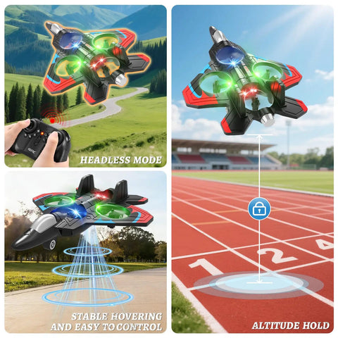 Foam RC Airplane With LED Lights For Kids And Adults Ages 8 To 16 360 Degree Flips Stunt Fighter Jet Toy in action with altitude hold and headless mode features.