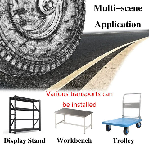 Heavy Duty Rubber Swivel Caster Wheels With Grip Lock Brakes Ultra Slick Trolley Casters, showcased on a multi-scene application background.