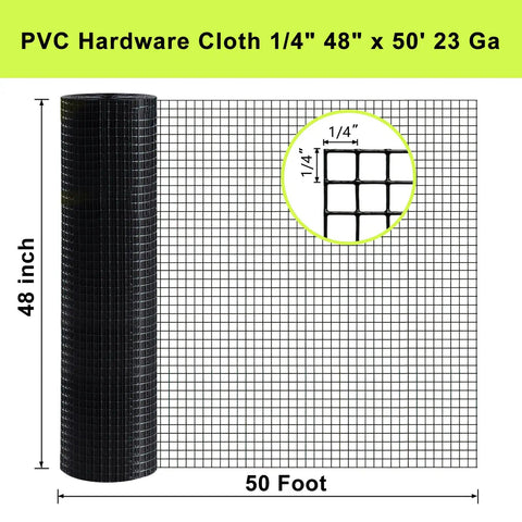 Killer Outdoor Vinyl Coated Hardware Cloth Quarter Inch Grid X 48 Width By 50 Roll 23 Gauge Anti Rust Wire Mesh displayed.