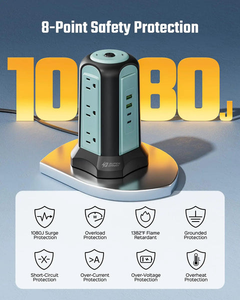 Must-Have Power Strip Tower With Wireless Charger And Surge Protector, 9 Outlets And 4 USB Ports, shown with safety features.